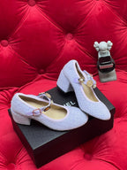 CHANEL HIGH MARY JANE SHOES LIGHT BLUE WOOL TWEED