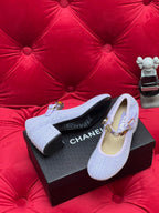 CHANEL HIGH MARY JANE SHOES LIGHT BLUE WOOL TWEED