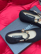 CHANEL HIGH MARY JANE SHOES BLACK WOOL TWEED