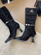 CHANEL KNEE HIGH BOOTS IN BLACK CALFSKIN AND SEQUINS