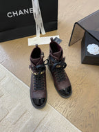CHANEL ALPHABET MARTIN BOOTS IN BRUNETTE BROWN MIX BLACK LAMBSKIN