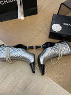 CHANEL HIGH HEELS 8CM BOOTS IN SILVER MIX BLACK CALFSKIN WITH PEARL CHAIN