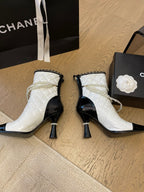 CHANEL HIGH HEELS 8CM BOOTS IN WHITE MIX BLACK CALFSKIN WITH PEARL CHAIN