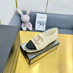 CHANEL ESPADRILLES PLATFORM 25S IN CREAM WHITE KNITTED WOOL AND BLACK LAMBSKIN
