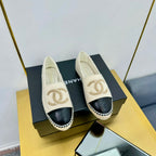 CHANEL ESPADRILLES PLATFORM 25S IN CREAM WHITE KNITTED WOOL AND BLACK LAMBSKIN