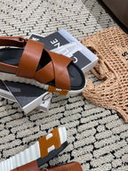 HERMES ELECTRIC SANDAL BLACK MIX CARAMEL CALFSKIN