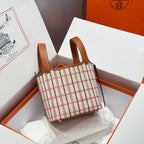 HERMES PICOTIN LOCK 18 BAG IN GOLD CALFSKIN ÉCRU/BEIGE/FAUVE/ROSE POP/NOIR EMBROIDERY PLAID CANVAS