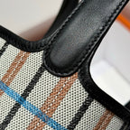 HERMES PICOTIN LOCK 18 BAG IN BLACK CALFSKIN ÉCRU/NOIR/FAUVE/NOIR/BLEU ZANZIBAR EMBROIDERY PLAID CANVAS