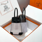 HERMES QUADRILLE BIRKIN 30CM IN BLACK SWIFT CALFSKIN WHITE BLUE PINK PLAID TOILE CANVAS