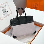 HERMES QUADRILLE BIRKIN 30CM IN BLACK SWIFT CALFSKIN WHITE BLUE PINK PLAID TOILE CANVAS