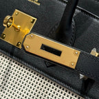 HERMES QUADRILLE BIRKIN 30CM IN BLACK SWIFT CALFSKIN WHITE BLACK PLAID TOILE CANVAS