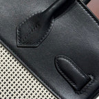 HERMES QUADRILLE BIRKIN 30CM IN BLACK SWIFT CALFSKIN WHITE BLACK PLAID TOILE CANVAS