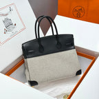 HERMES QUADRILLE BIRKIN 30CM IN BLACK SWIFT CALFSKIN WHITE BLACK PLAID TOILE CANVAS