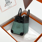 HERMES QUADRILLE BIRKIN 25CM IN BLACK SWIFT CALFSKIN BLACK/MINT/BLANC TOILE CANVAS