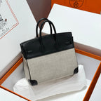 HERMES QUADRILLE BIRKIN 25CM IN BLACK SWIFT CALFSKIN WHITE BLACK PLAID TOILE CANVAS