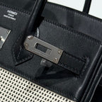 HERMES QUADRILLE BIRKIN 25CM IN BLACK SWIFT CALFSKIN WHITE BLACK PLAID TOILE CANVAS