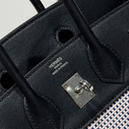 HERMES QUADRILLE BIRKIN 25CM IN BLACK SWIFT CALFSKIN WHITE BLUE PINK PLAID TOILE CANVAS