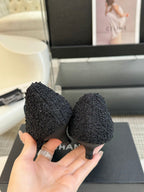 CHANEL MARY JANE IN BLACK WOOL TWEED AND SATIN