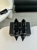 CHANEL MARY JANE IN BLACK MIX WHITE WOOL TWEED