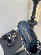 CHANEL PLATFORM FLIP-FLOPS IN BLACK TWEED FABRIC