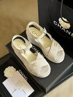 CHANEL CLASSIC WEDGE SANDALS IN WHITE LAMBSKIN SUEDE