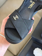 CHANEL CLASSIC WEDGE SANDALS IN BLACK FABRIC