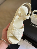 CHANEL CLASSIC WEDGE SANDALS IN WHITE LAMBSKIN