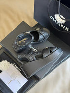 CHANEL CLASSIC WEDGE SANDALS IN BLACK LAMBSKIN