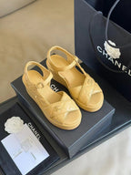 CHANEL CLASSIC WEDGE SANDALS IN LIGHT YELLOW LAMBSKIN