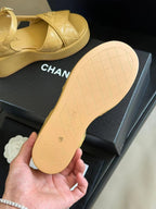 CHANEL CLASSIC WEDGE SANDALS IN LIGHT YELLOW LAMBSKIN