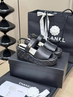 CHANEL HIGH WEDGE SANDALS IN BLACK LAMBSKIN