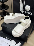 CHANEL HIGH WEDGE SANDALS IN WHITE LAMBSKIN