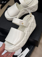 CHANEL HIGH WEDGE SANDALS IN WHITE LAMBSKIN