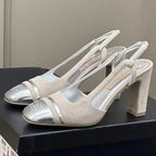 CHANEL HIGH SLINGBACKS IN GREY SUEDE AND SILVER LAMBSKIN