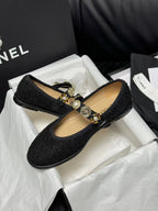 CHANEL MARY JANES BLACK WOOL TWEED AND FABRIC