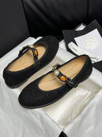 CHANEL MARY JANES BLACK WOOL TWEED AND FABRIC
