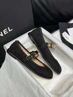 CHANEL MARY JANES BLACK WOOL TWEED AND FABRIC