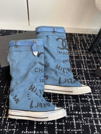 CHANEL HIGH BOOTS IN OCEAN BLUE CANVAS