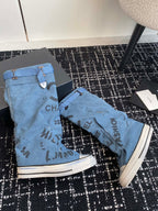 CHANEL HIGH BOOTS IN OCEAN BLUE CANVAS