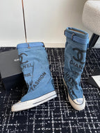 CHANEL HIGH BOOTS IN OCEAN BLUE CANVAS