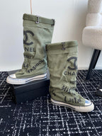 CHANEL HIGH BOOTS IN ARMY GREEN CANVAS
