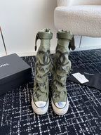 CHANEL HIGH BOOTS IN ARMY GREEN CANVAS