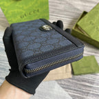 GUCCI OPHIDIA  19 ZIP AROUND WALLET DARK BLUE CANVAS AND BLACK CALFSKIN