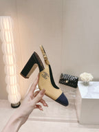 CHANEL HIGH SLINGBACKS PEANUT BROWN MIX BLACK SHEEPSKIN