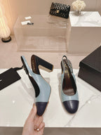 CHANEL HIGH SLINGBACKS LIGHT BLUE MIX BLACK SHEEPSKIN