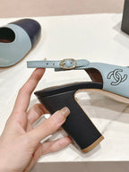 CHANEL HIGH SLINGBACKS LIGHT BLUE MIX BLACK SHEEPSKIN