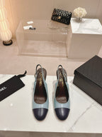 CHANEL HIGH SLINGBACKS LIGHT BLUE MIX BLACK SHEEPSKIN