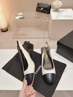 CHANEL SLINGBACKS WHITE MIX BLACK SHEEPSKIN