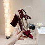 CHANEL Double C Leather High Heel Sandals Red Cherry