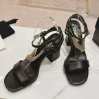 CHANEL Double C Leather High Heel Sandals Black
